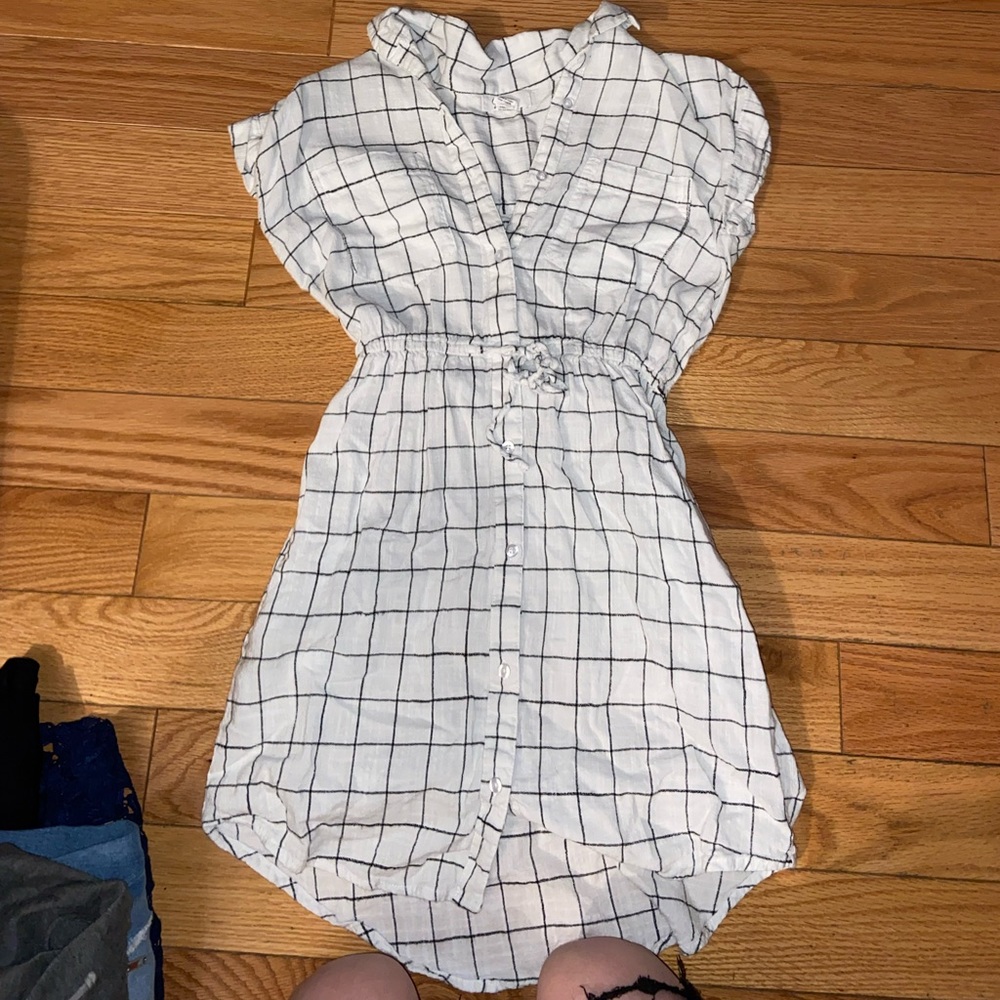 White and gray plaid cinched waist summer dress
